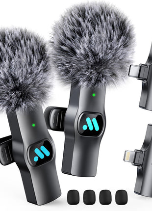 Leettus 2pcs Dual Receivers Mini Microphone for iPhone iPad Android Video Recording,Lavalier Wireless Microphones for Game,Live Streaming,Interviews,YouTube,TikTok,Vlog