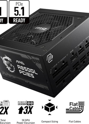 MSI MAG A850GL PCIE5, Fully Modular Compact Gaming 850W Power Supply, 80+ Gold, ATX 3.1 & PCIe 5.1 Ready, Native Dual-Color 12V-2x6 Cable, 10 Year Warranty