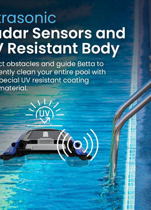 Betta SE Solar Powered Automatic Robotic Pool Surface Skimmer Cleaner with 24/7 Continuous Cleaning Battery Power and Re-Engineered Twin Salt Chlorine Tolerant Motors (Blue)