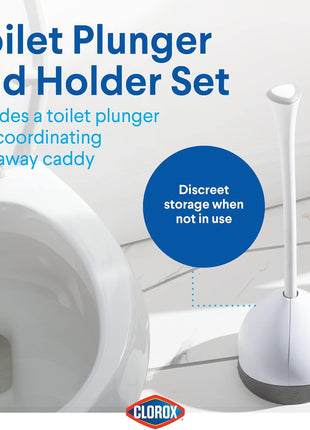 Clorox Toilet Plunger with Hideaway Holder Caddy Heavy-Duty Compact Design with Non-Skid Rubber Base for Bathroom Convenient Storage Toilet Unclogger, 6.5x19.5-Inch, White