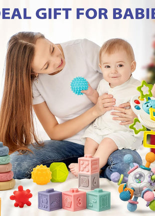 Baby Toys 6 to 12 Months, 5 In 1 Montessori Toys for 1 Year Old, Incl Travel Pull String Toy & Rattle Teether & Stacking Baby Block & Soft Infant Ring & Sensory Ball for Toddler 0-3-6-9-12 Month