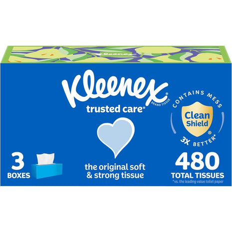 Kleenex Trusted Care Facial Tissues, 3 Flat Boxes, 160 Tissues per Box