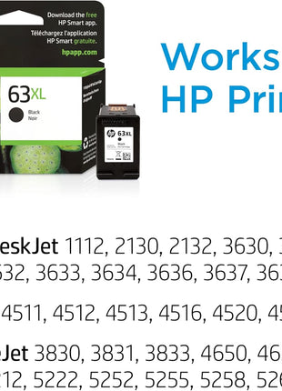 HP 63XL Black High-yield Ink Cartridge | Works with HP DeskJet 1112, 2130, 3630 Series; HP ENVY 4510, 4520 Series; HP OfficeJet 3830, 4650, 5200 Series | Eligible for Instant Ink | F6U64AN