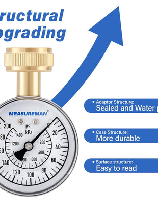 MEASUREMAN Water Pressure Gauge, 0-200 PSI Water Pressure Tester with 2-1/2 Inch Dial & Durable 3/4 Inch Hose Thread, Ideal for Home, Hose Bib (Waterproof Case, Black)