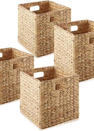 Casafield 10.5 inch x 10.5 inch Water Hyacinth Storage Baskets, Natural   Set of 4 Collapsible Cube Organizers, Woven Bins for Bathroom, Bedroom, Laundry, Pantry, Shelves