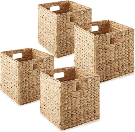 Casafield 10.5 inch x 10.5 inch Water Hyacinth Storage Baskets, Natural   Set of 4 Collapsible Cube Organizers, Woven Bins for Bathroom, Bedroom, Laundry, Pantry, Shelves