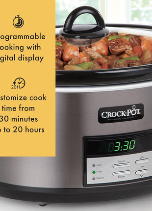 Crock Pot Large 8 Quart Programmable Slow Cooker with Auto Warm Setting Black Stainless Steel