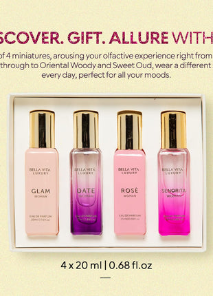 Bellavita Luxury Women's Perfume Gift Set with Rose, Senorita, Date, Glam | Long-lasting women's perfume gift set with Rose, Senorita, Date & Glam Eau de Parfum for every occasion.
