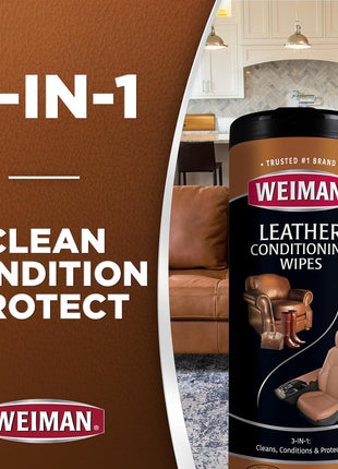Weiman Leather Cleaner Wipes - Clean Condition UV Protection Help Prevent Cracking or Fading of Furniture, Car Interior, Couch, and Shoes, 2 Pack with Microfiber Cloth