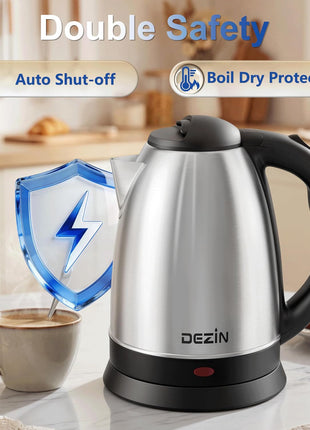 DEZIN Electric Kettle Upgraded, BPA Free 2L Stainless Steel Tea Kettle, Fast Boil Water Warmer with Auto Shut Off and Boil Dry Protection Tech for Coffee, Tea, Beverages