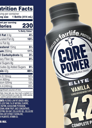 Core Power Elite High Protein Shake, Vanilla, 42g Bottle, 14oz, 12 Pack
