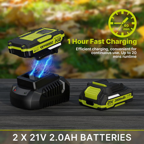 Leaf Blower, 21V Cordless Electric Blower with 2 2.0Ah Batteries and 1 Hour Fast Charger, Lightweight Leaf Blower for Patio Cleaning, Lawn Care, Blowing Fallen Leaves and Dust, etc.
