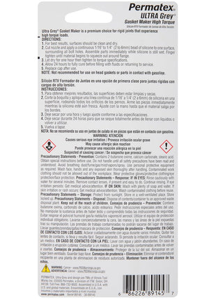 Permatex 82194 Ultra Grey Rigid High-Torque RTV Silicone Gasket Maker, 3.5 oz.
