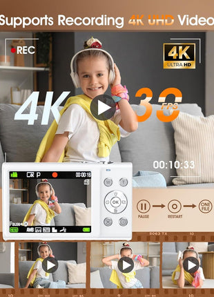 Digital Camera,Autofocus 4K Vlogging Camera for Photography with 32GB Card,48MP Portable Compact Point and Shoot Digital Camera for Teens Adult Beginner with 16X Zoom,Anti-Shake,2 Batteries(White)
