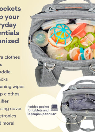 RUVALINO Diaper Bag Backpack-Multifunction Travel Baby Diaper Bag with Changing Pad, Insulated Bottle Holders & Pacifier Case, Large Capacity, Waterproof, Gray