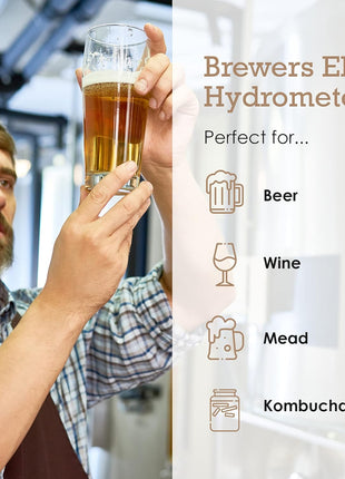 Brewer's Elite Hydrometer   for Home Brew Beer, Wine, Mead and Kombucha   Deluxe Triple Scale Set, Hardcase and Cloth   Specific Gravity ABV Tester