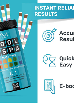 JNW 7-in-1 Pool Test Strips, 100 Quick & Accurate Test Strips for Pool Water, Spa Test Strips for Hot Tub, Chlorine Test Strips, Bromine, pH, Alkalinity, Hardness & More - Swimming Pool Test Kit