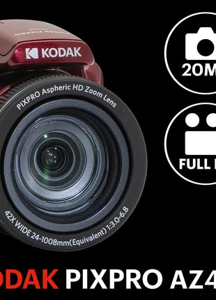 KODAK PIXPRO AZ425 Digital Camera, 42x Optical Zoom Bridge with 20MP BSI Sensor, Li-Ion Battery, OIS, 1080p Full HD Video, Red