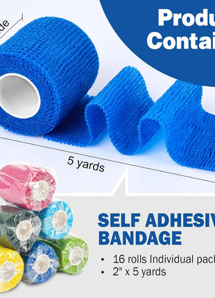 AZEN 16 Pack Self Adhesive Bandage Wrap, 2 inch X 5 Yards Elastic Cohesive Bandage Wrap, Color Athletic Tape, Vet Wrap, Ankle Tape
