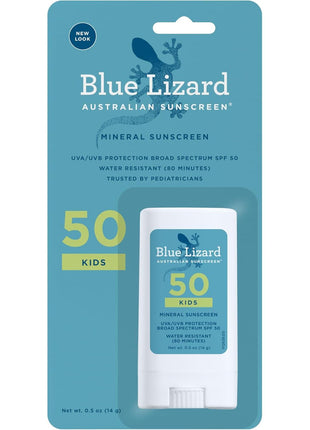 Blue Lizard Kids Mineral SPF 50 Sunscreen Stick, Zinc Oxide, 100% Mineral Actives, Developed for Kids' Sensitive Skin, TSA-Friendly, Vegan, Paraben-free, Fragrance-Free, 0.5 oz