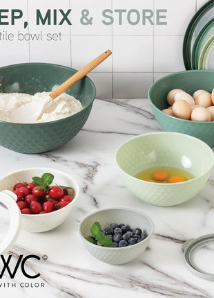 COOK WITH COLOR Mixing Bowls with Lids   12 Piece Plastic Nesting Bowls Set includes 6 Prep Bowls and 6 Lids, Non Slip Bottom and Embossed Design   Microwave Safe (Sage)