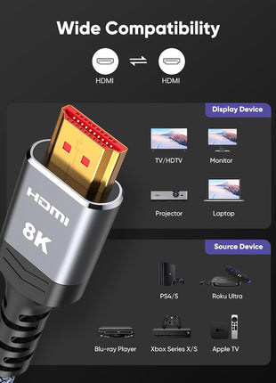 10K 8K HDMI 2.1 Cable 2-Pack 6.6FT, Highwings Certified 48Gbps Ultra High Speed Slim HDMI Cord,Support 4K@120Hz 8K@60Hz, HDCP 2.2&2.3, Dynamic HDR,eARC,DTS:X, Compatible with Roku TV/HDTV/PS5/Blu-ray
