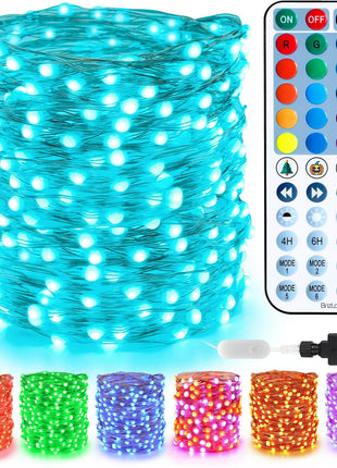 BrizLabs Color Changing Fairy String Lights 66ft 200 LED for Xmas Halloween | RGB; Rainbow; Music sync; 540+ modes; Brightness & speed adjustable; Plugin; IP44 Waterproof; Remote gold & silver wire light