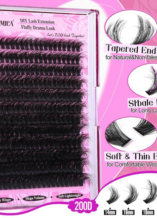 Yawamica Fluffy Lash Clusters Thick 200D Volume Eyelash Clusters 14-20mm Wispy Individual Lashes D Curly Cluster Eyelash Extensions 240pcs DIY Lash Extension for Beginners