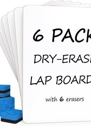 Scribbledo 6 Pack Small White Board Dry Erase Boards Classroom Pack Mini White Boards 9 inch x12 inch Personal Whiteboards for Students Teachers School Supplies Lapboards l 6 Mini Whiteboard Erasers Included
