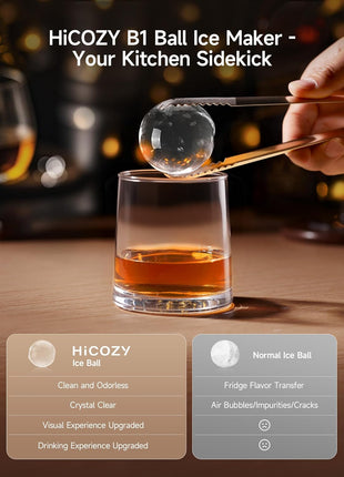 HiCOZY B1 2" Clear Ice Ball Maker, Countertop, 40 Pcs/Day Self-Cleaning | Makes 2 big crystal sphere ice balls in 60 mins, with ice tong, round ice cube machine ideal for cocktails and whiskey