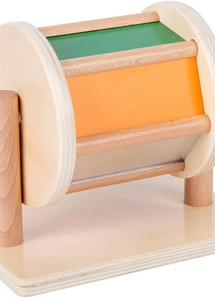 Adena Montessori Medium Spinning Drum, 6-12m | 6 color panels incl. mirror, rattles when spun. Wooden bars for easy grip. Boosts tummy time, motor & tracking. Gift.