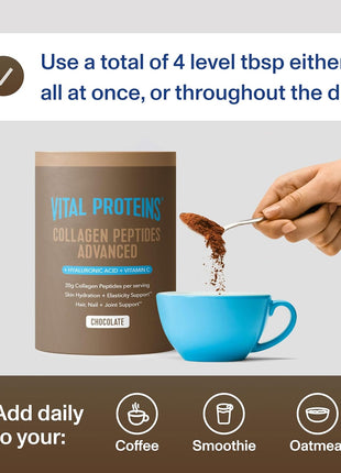 Vital Proteins Collagen Peptides Advanced, Chocolate, 24.7oz | Hyaluronic Acid & Vitamin C, Supports Hair Skin & Nails, Collagen Peptides, Chocolate Flavor, 25 servings