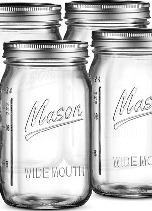 SEWANTA Wide Mouth Mason Jars 32 oz [4 Pack] With Mason Jar Lids and Bands, Mason Jars 32 oz - For Canning, Fermenting, Pickling - Jar Decor - Microwave/Dishwasher Safe.
