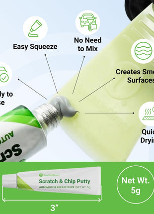 TouchUpDirect Scratch & Chip Putty - Ready-Mixed 5g Automotive Body Filler Kit for Deep Scratches & Gouges, Complete Chip Repair Kit with Spreader & Sandpaper - No Mixing Required