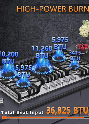 30 inch Gas Cooktop, Bulit-in Gas Stove Top with 5 Burner, NG/LPG Convertible Cooktops, 5 Burner Propane Cooktop with Thermocouple Protection, Stainless Steel