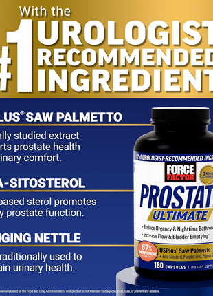 Force Factor Prostate Ultimate, Prostate Health Supplement for Men with Nettle & Saw Palmetto, #1 Urologist Recommended Ingredient to Support Urinary Flow, Bladder Emptying, 180 Caps (Pack of 2)