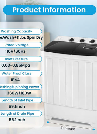 Nictemaw Portable Washing Machine, 19Lbs Washer 11Lbs Spinner, Drain Pump | 30Lbs Large Capacity Washer and Dryer Combo, Twin Tub, Time Control, Easy to Operate, for Apartment Dorms RV Home, Black