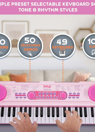 Pyle, Electric Keyboard 49 Keys-Portable Digital Musical Karaoke Piano Keyboard-100 Tunes/Rhythms, 50 Demos, Rechargeable Battery-Wired Microphone-Beginners Kids Adult Pink PKBRD4912PK.3