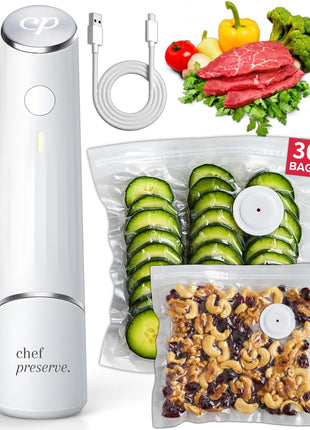 Chef Preserve Compact Vacuum Sealer for Food (Vacuum Sealer Machine + 30 Reusable Vacuum Bags) Powerful Handheld Vacuum Sealer Machine, Seal Meal Saver, Portable Food Sealer