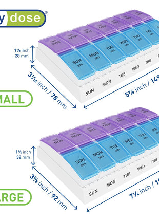 Ezy Dose Weekly (7 Day) AM/PM Pill Organizer, Vitamin and Medicine Box, Small Pop out Compartments, 2 Times a Day, Blue and Purple Lids