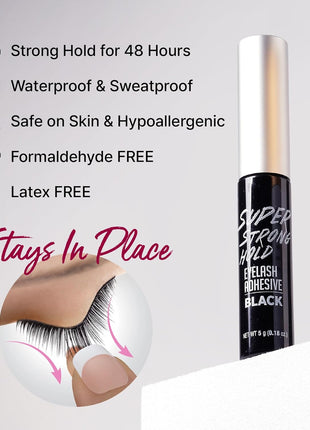 i•ENVY Super Strong Hold Eyelash Adhesive, Waterproof, 48-Hour Long-Lasting Lash Glue, Latex-Free, Hypoallergenic, Quick-Drying with Brush-On Applicator for Strip Lashes (Black, 1 Pack)