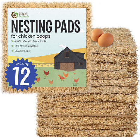 MagJo Aspen Nesting Pads for Chicken Coops - USA Grown Aspen Excelsior Nest Box Liners 13x13-12 Pack