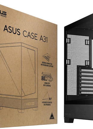 ASUS A31 Black ATX Mid-Tower Gaming Case, Dual Tempered Glass, Frameless, BTF Hidden Connectors, 360 AIO Support, Angled Base, ARGB, Optimized Airflow, Seamless Cable Management, 2 Year Warranty