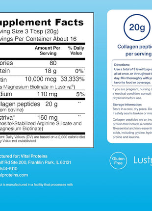 Vital Proteins Collagen Peptides + Biotin, Unflavored, 11.4oz | 10,000mcg Biotin, Supports Thicker Fuller Hair, Clinically Studied Lustriva®, 20g Collagen Per Serving, 16 Servings