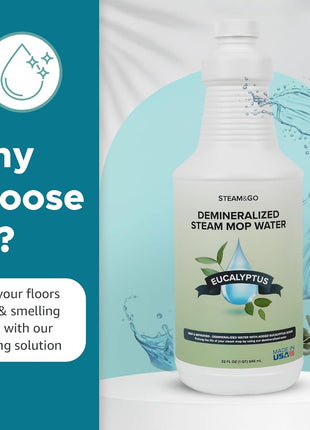 Steam & Go   Demineralized Water for Steam Cleaner, PVC Free Floor Cleaner Liquid Compatible With Any Steam Mop, Ready to Use Multisurface Cleaner, Scented Mop Solution, Eucalyptus Mint, 32 oz
