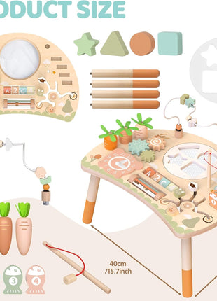 Wooden Activity Table for Toddlers, 9 in 1 Montessori Toy | Sensory Learning, Bead Maze, Shape Sorter, Fishing Game, Spinning Gears, Wood, CPSIA Certified, Gift for Boys Girls
