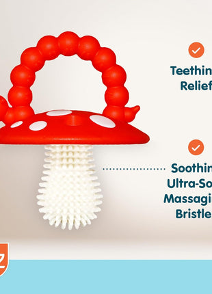 RaZbaby Soft Silicone Infant & Baby 3M+ Teether Toy Massaging Bristles Teething Relief Pacifier - Soothes Sore Gums - Hands-Free & Easy-to-Hold Chompy Teether, BPA Free (RED/Green)