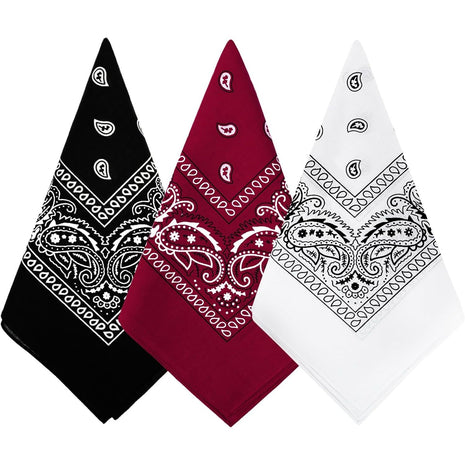 Bycc Bynn 3 Pack 100% Cotton Paisley Bandanas Square Scarf Headwear (Black + Burgundy + White)