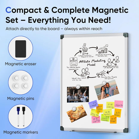 VUSIGN 24" x 18" Magnetic Whiteboard for Wall, Dry Erase Board with Silver Frame, Hanging White Board for Office, Home, School, Dorm – Includes Markers, Magnets & Eraser