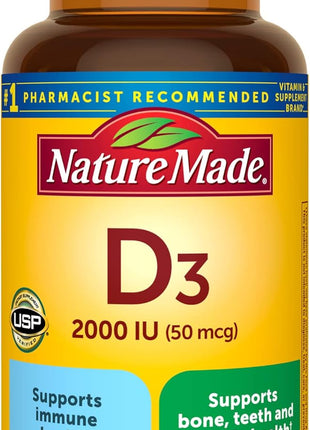 Nature Made Vitamin D3 2000 IU (50 mcg), 90 Vitamin D Softgels | Vitamin D Supplement for Immune, Bone, Teeth and Muscle Health Support, 90 Day Supply